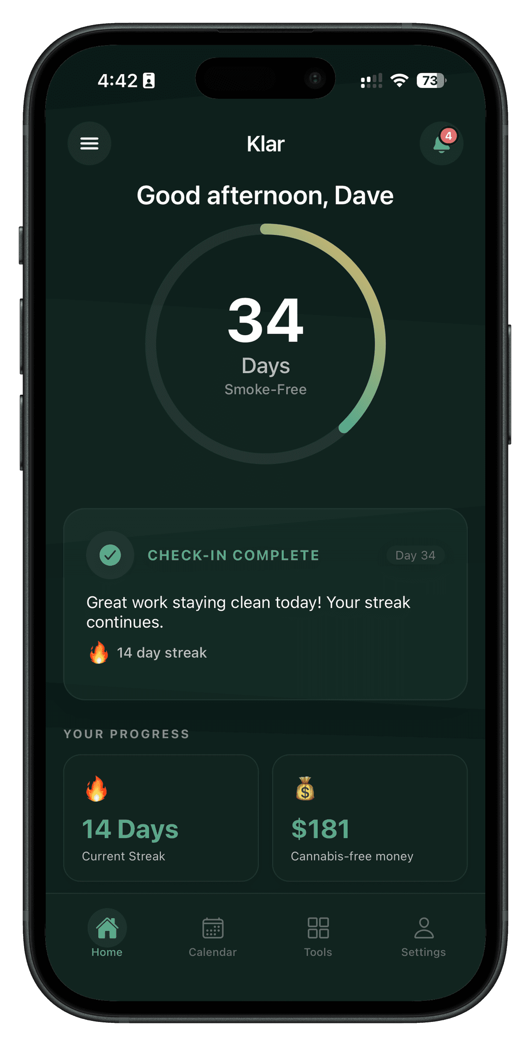 Klar app showing brain recovery progress